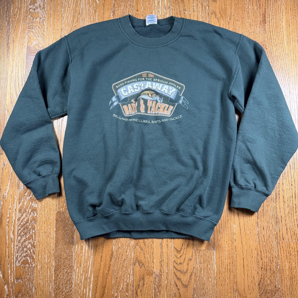 Castaway Bait & Tackle Sweatshirt Mens Medium Green Gildan Heavy Blend Fishing